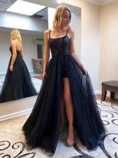 Black A Line Spaghetti Straps Tulle Sequin Long Prom Dress