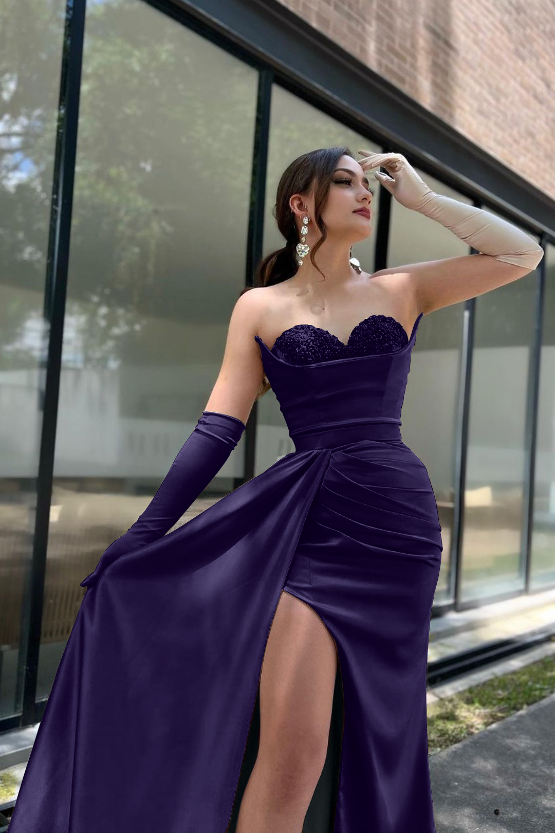 Prom Dress Sleeves Champagne Sweetheart High Slit With Gloves