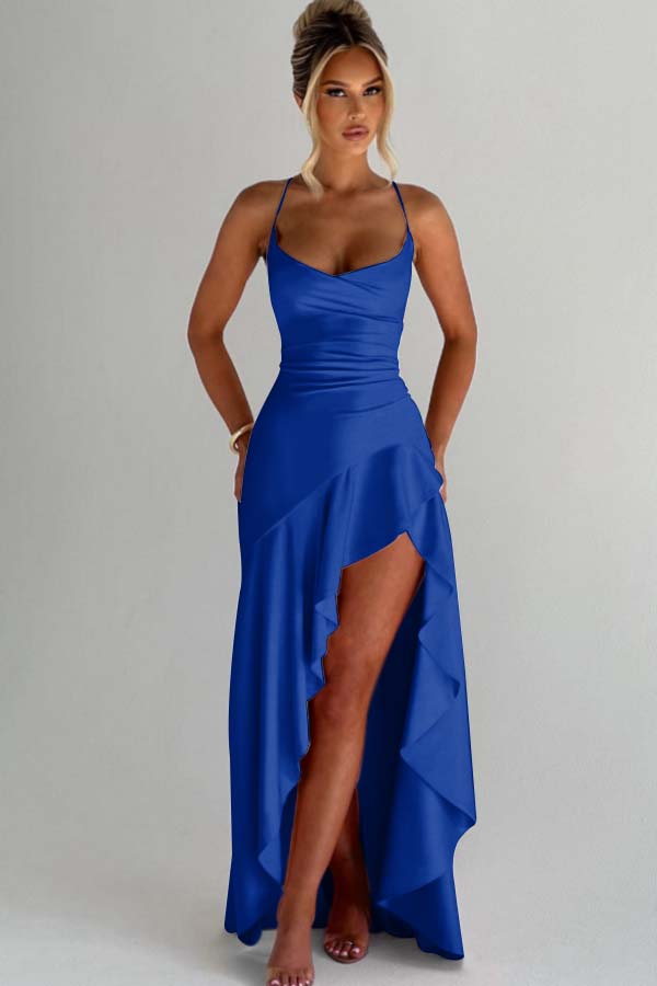 Spaghetti Strap Sleeveless Long Split Prom Dress With Pleated