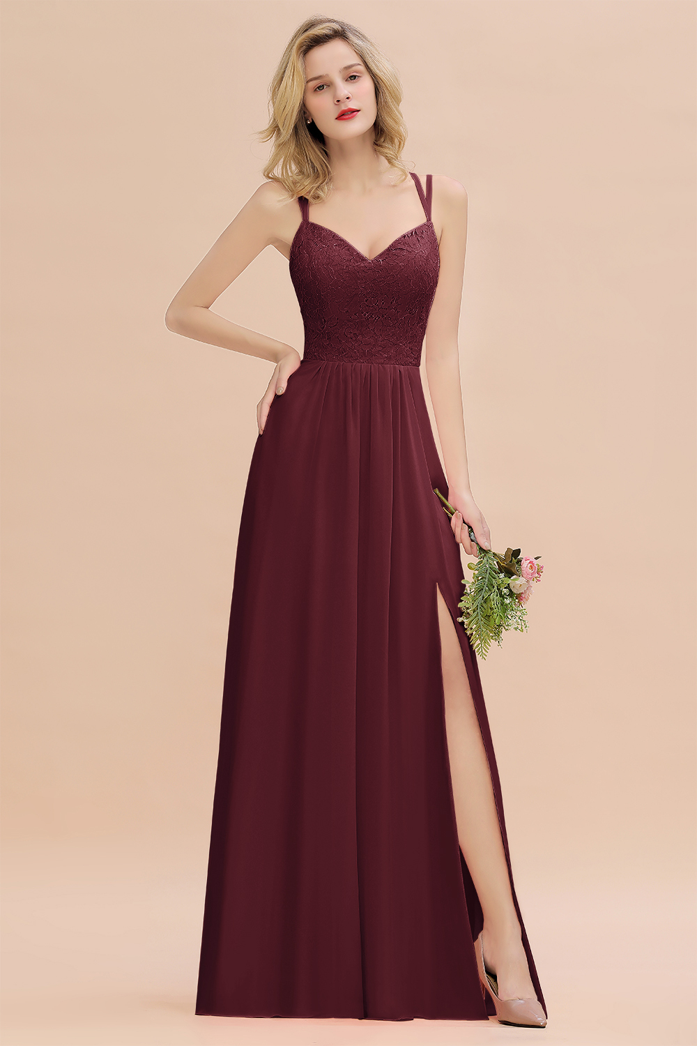 BMbridal Spaghetti-Straps Coral Lace Bridesmaid Dresses with Slit-BMbridal