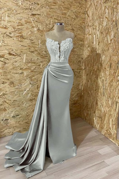 Sleeveless Strapless Mermaid Prom Appliques Dress With Split