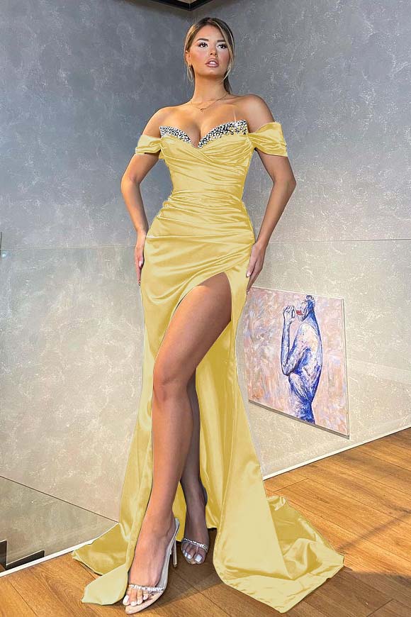 Off the Shoulder Dark Green Beadings Long Mermaid Prom Dress With Split