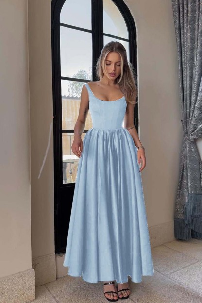 Spaghetti Strap Sleeveless A Line Long Prom Dress With Pleated