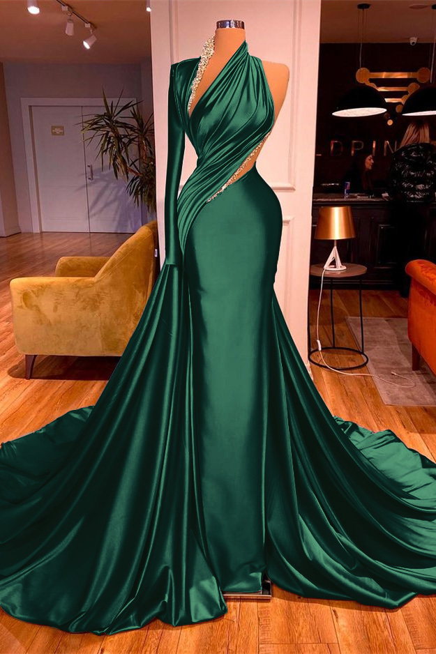 One Shoulder Long Beading Prom Dress Mermaid With Long Sleeve