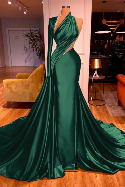 One Shoulder Long Beading Prom Dress Mermaid With Long Sleeve