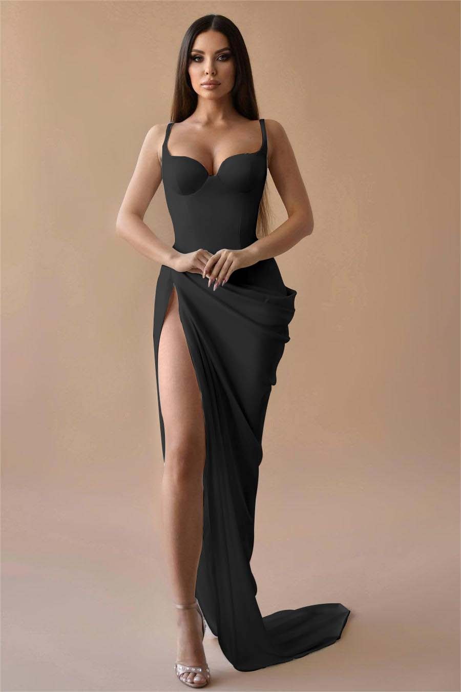 Simple White Spaghetti Strap Sleeveless Pleated Long Prom Dress With Split