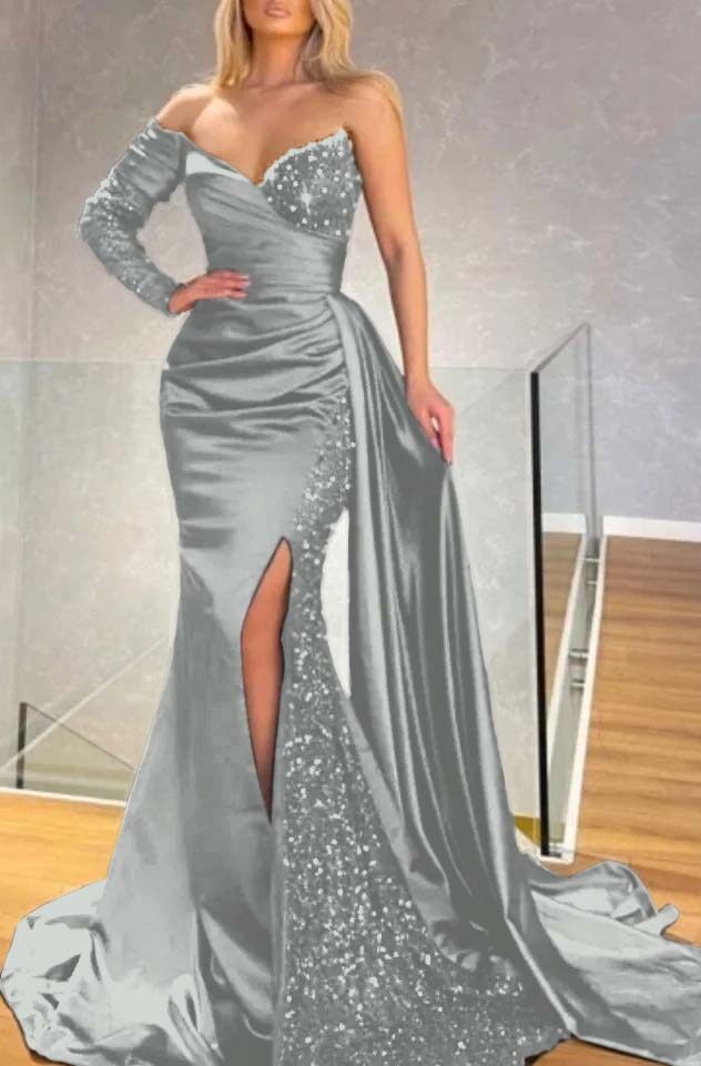 Long Sleeve Strapless Long Split Prom Dress With Pleated Sequins
