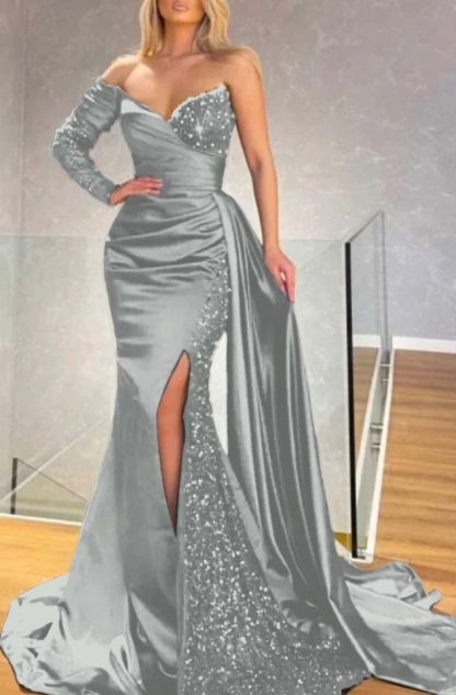 Long Sleeve Strapless Long Split Prom Dress With Pleated Sequins