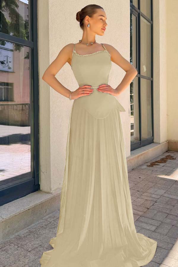 Spaghetti Strap Sleeveless Long Prom Dress With Pleated Sequins
