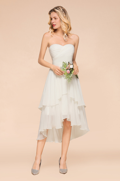 BMbridal Affordable Hi-Lo Layer Ruffle Ivory Short Bridesmaid Dress with Flower-BMbridal