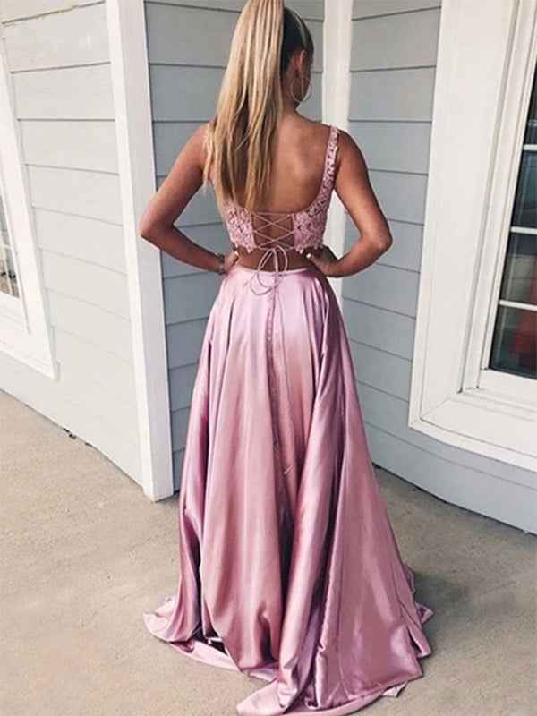 Pink A Line Lace Two Pieces Long Prom Dress with Slit