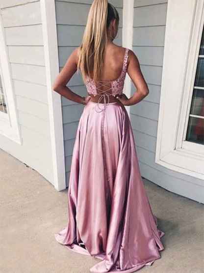 Pink A Line Lace Two Pieces Long Prom Dress with Slit