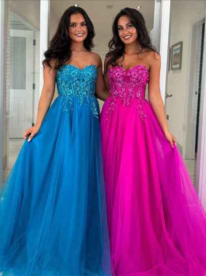 Royal Blue Strapless A-Line Tulle Long Prom Dress with Appliques