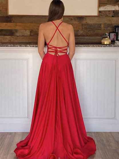 Red A Line Spaghetti Straps V Neck Satin Long Prom Dress with Slit