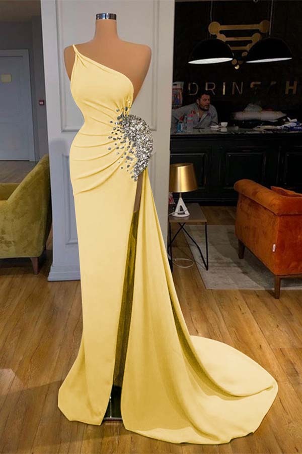 One Shoulder Sleeveless Mermaid Long Prom Dress Green Beadings With Split