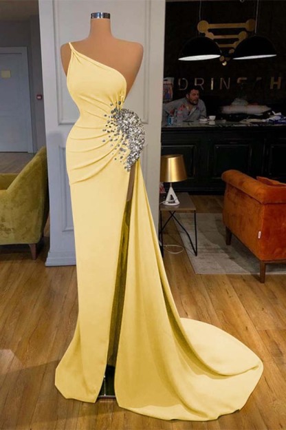 One Shoulder Sleeveless Mermaid Long Prom Dress Green Beadings With Split