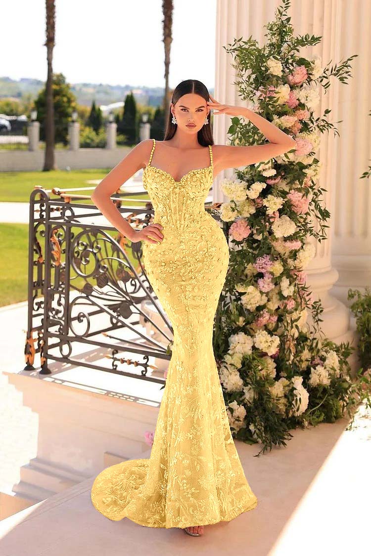 Spaghetti Strap Sleeveless Mermaid Appliques Long Prom Dress With Beadings