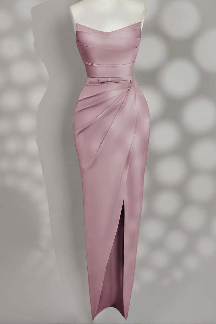 Strapless Sleeveless Long Split Prom Dress With Pleated Bowknot