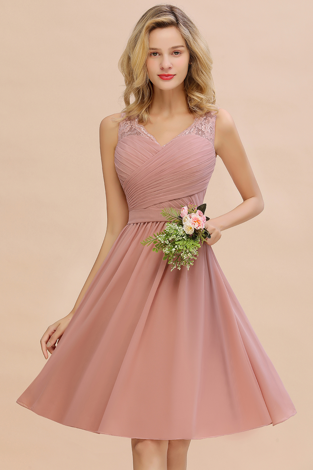 BMbridal Affordable V-Neck Sleeveless Ruffles Short Lace Bridesmaid dresses Online-BMbridal