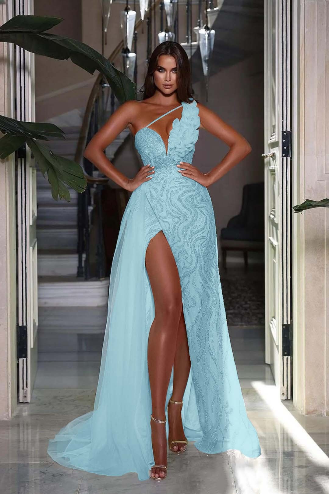 Heavy Sequins Prom Dress Sleeveless One Shoulder With High Slit