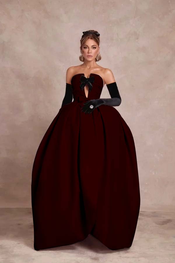 Strapless Sleeveless Long Ball Gown Prom Dress With Long Gloves