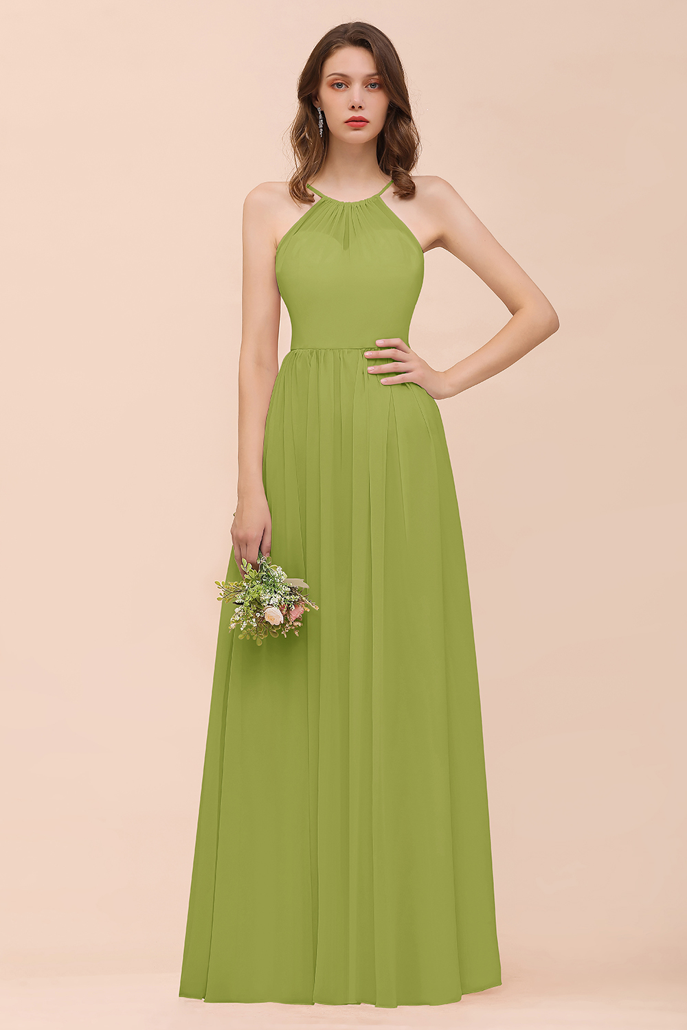 BMbridal Gorgeous Chiffon Halter Ruffle Affordable Long Bridesmaid Dress-BMbridal