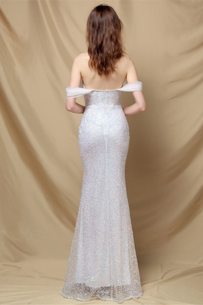 Elegant Off the Shoulder Mermaid Sequins Prom Dress With Sweetheart Buttons
