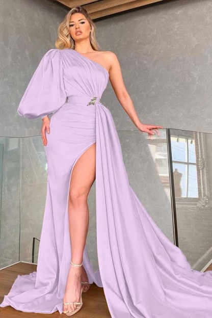 Chic Mermaid One Shoulder Long Sleeve High Split Prom Dress With Ruffles