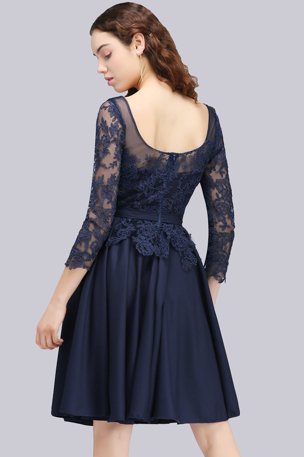 BMbridal Modest 3/4 Sleeves Short Navy Lace Bridesmaid Dresses with Appliques-BMbridal