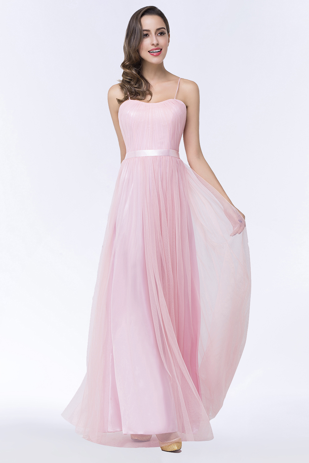 BMbridal Modest Spaghetti-Straps Sweetheart Long Bridesmaid Dress with Sash-BMbridal