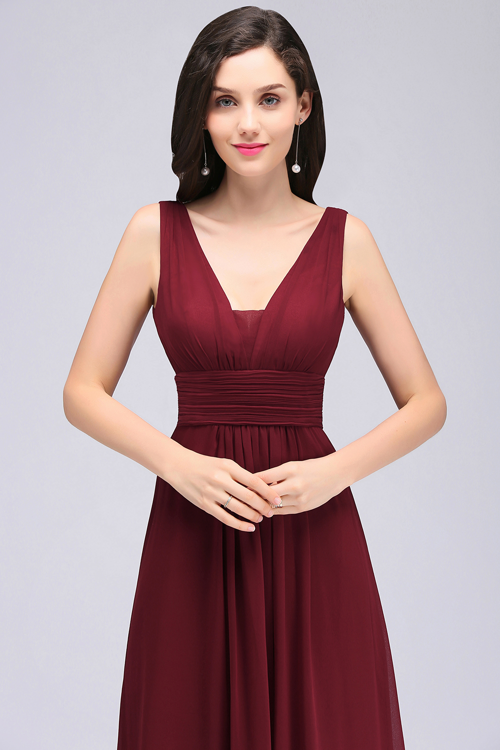 BMbridal Modest Burgundy V-Neck Sleeveless Long Bridesmaid Dresses Affordable-BMbridal