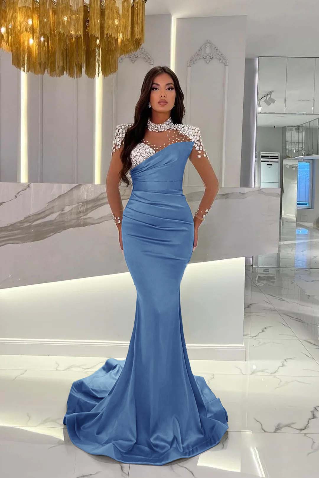 Dusty Blue Prom Dress Long Mermaid Tulle With Beading Ruffles
