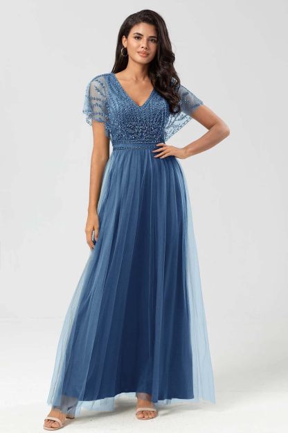 Tulle Short Sleeves V Neck A Line Long Prom Dress With Appliques