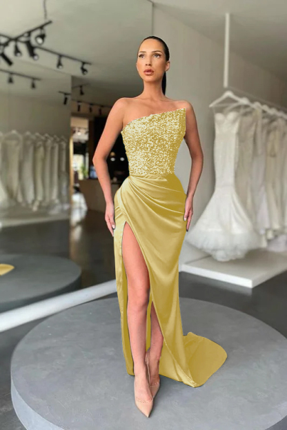 Sequins Strapless Sleeveless Dark Green Pleated Prom Dress With High Split