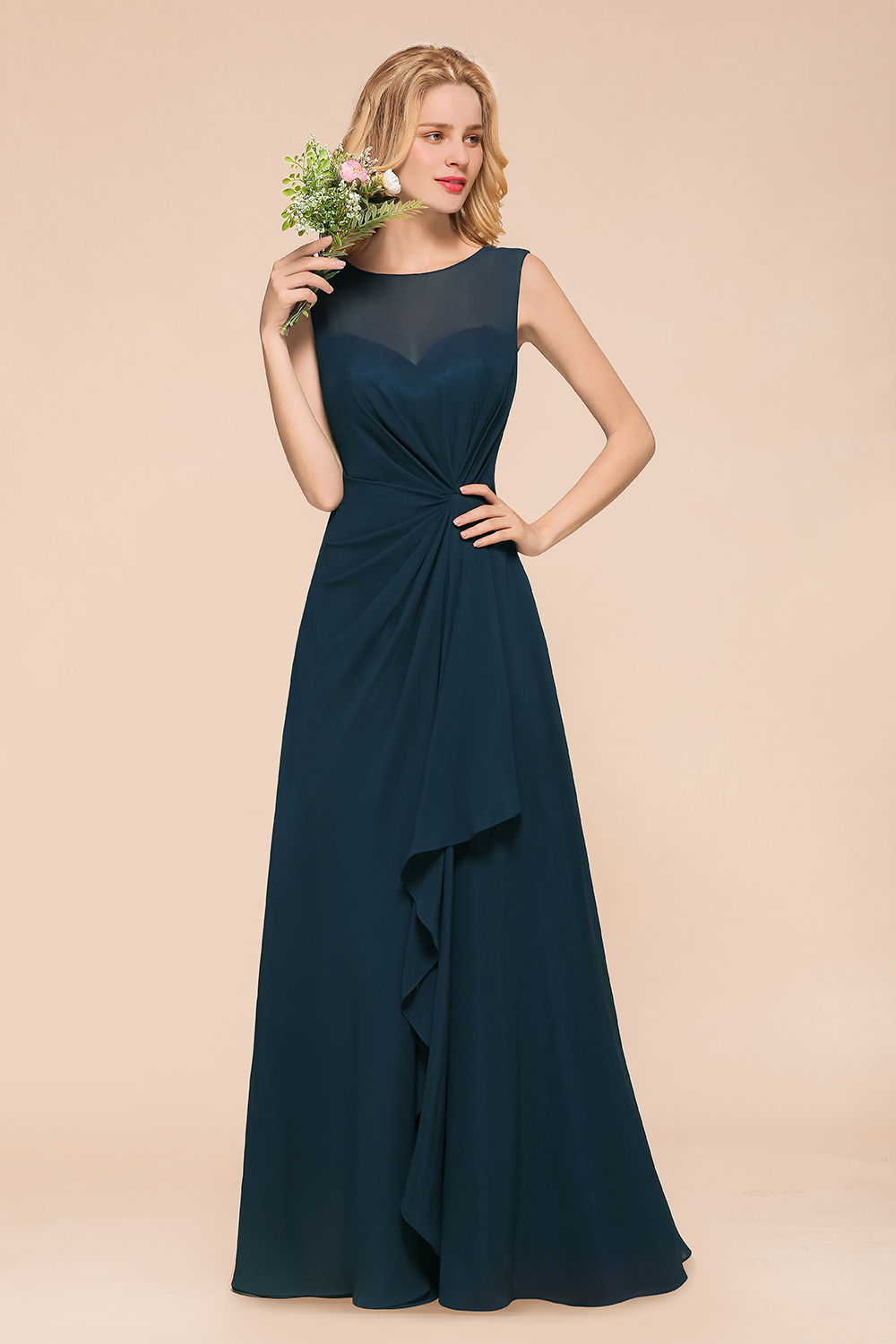 BMbridal Beautiful Chiffon Jewel Ruffle Navy Affordable Bridesmaid Dresses Online-BMbridal