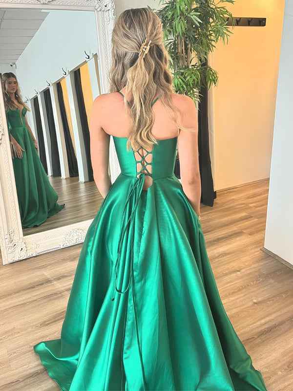 Green A-Line V-Neck Spaghetti Straps Long Prom Dress with Slit