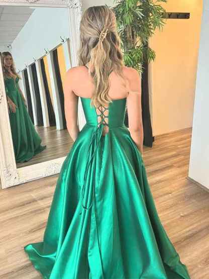 Green A-Line V-Neck Spaghetti Straps Long Prom Dress with Slit