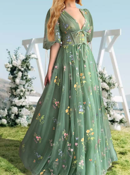 V-Neck Floral A-Line Prom Dress with Short Sleeves and Princess Cut