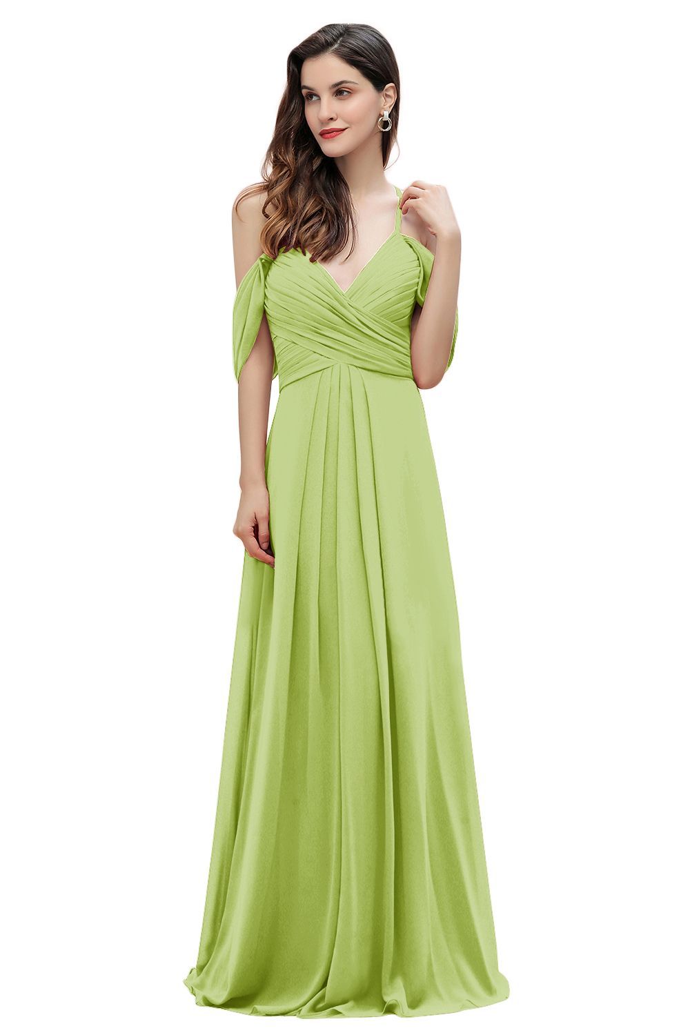 Elegant A-line Off-the-Shoulder V-neck Ruched Long Bridesmaid Dress-BMbridal