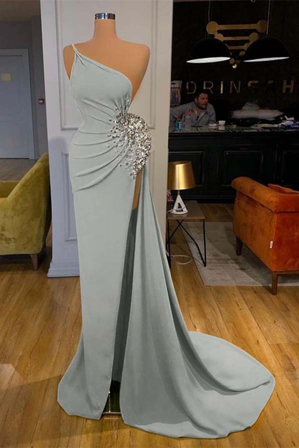 One Shoulder Sleeveless Mermaid Long Prom Dress Green Beadings With Split
