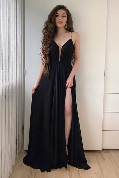 Charming Black Spaghetti Strap Sleeveless Long Prom Dress With Front Split