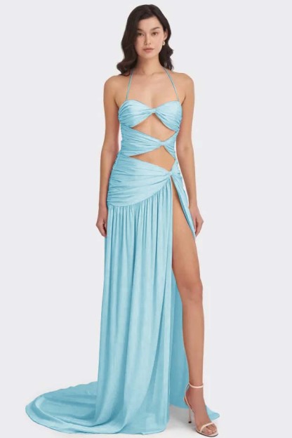 Chic Sleeveless Halter Long High Split Prom Dress With Pleated