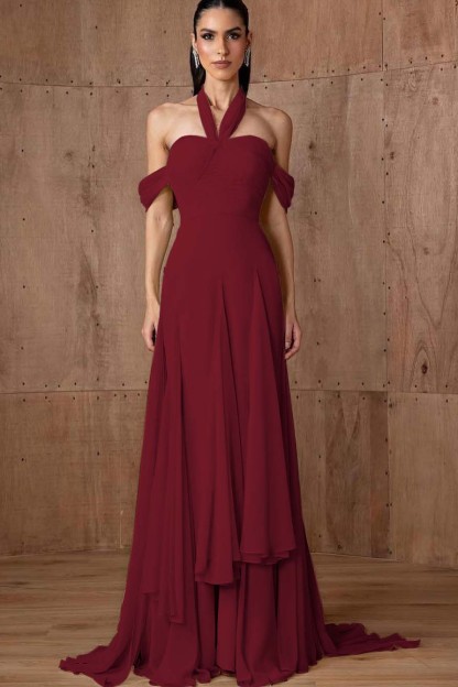 Halter Off the Shoulder Sleeveless Long Prom Dress With Ruffles