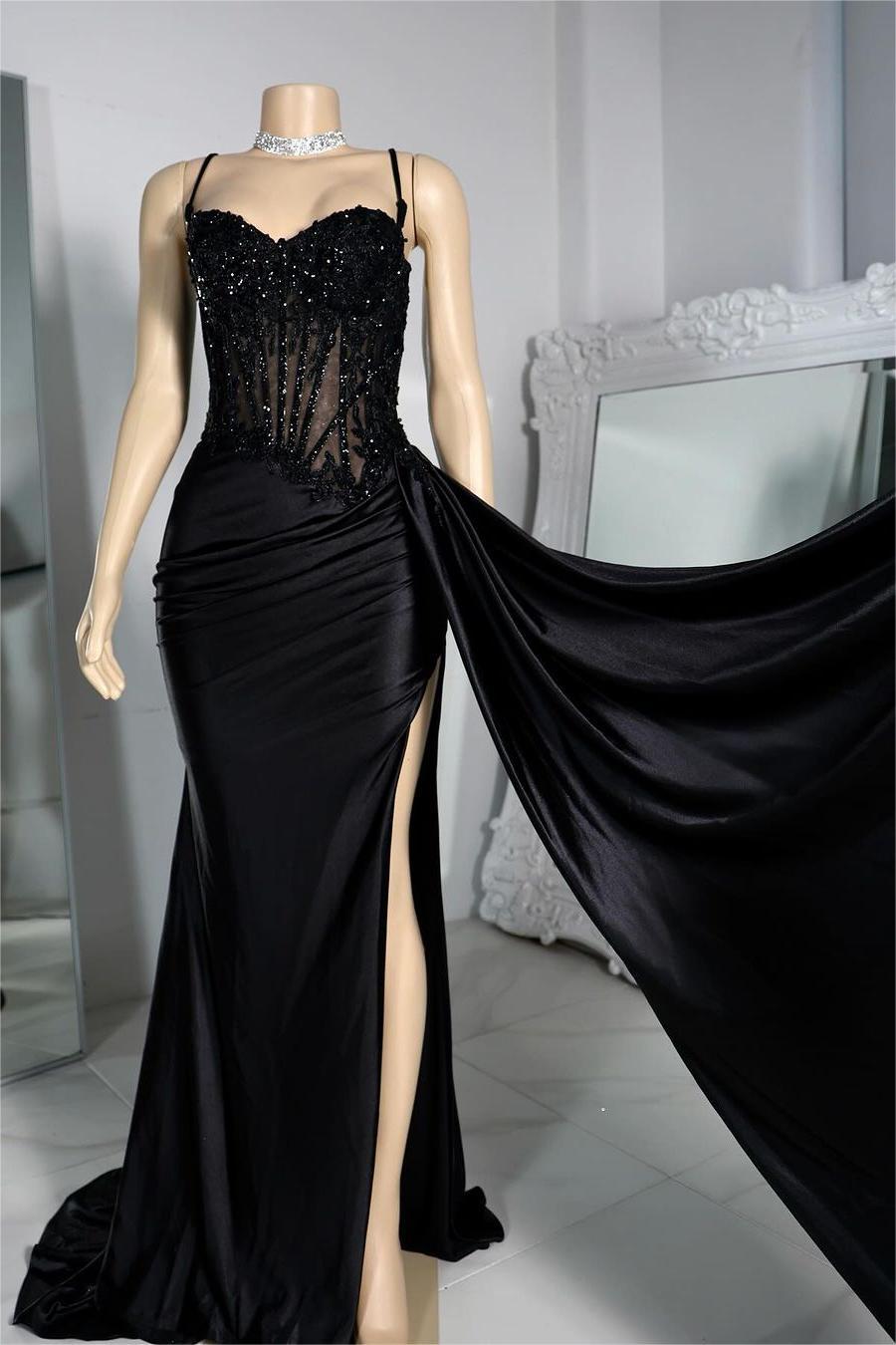 Exquisite Black Spaghetti Strap Sleeveless Pleated Long Split Prom Dress With Beading