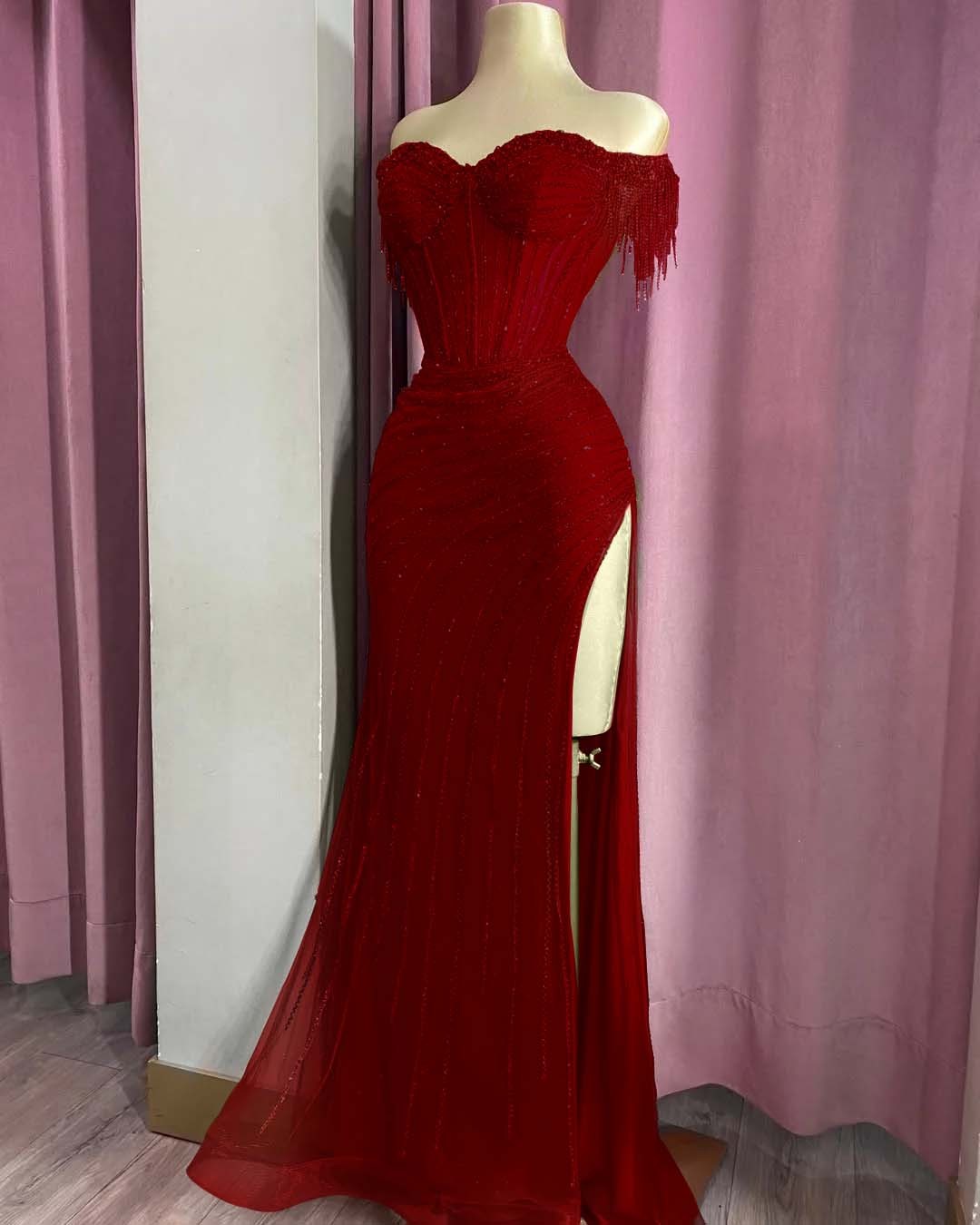 Off the Shoulder Sleeveless Long Split Prom Dress With Beading