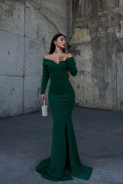 Off the Shoulder Long Sleeves Split Long Prom Dress With Pleated