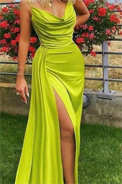 Charming Green Sleeveless Spaghetti Strap Mermaid Pleated Prom Dress With Split
