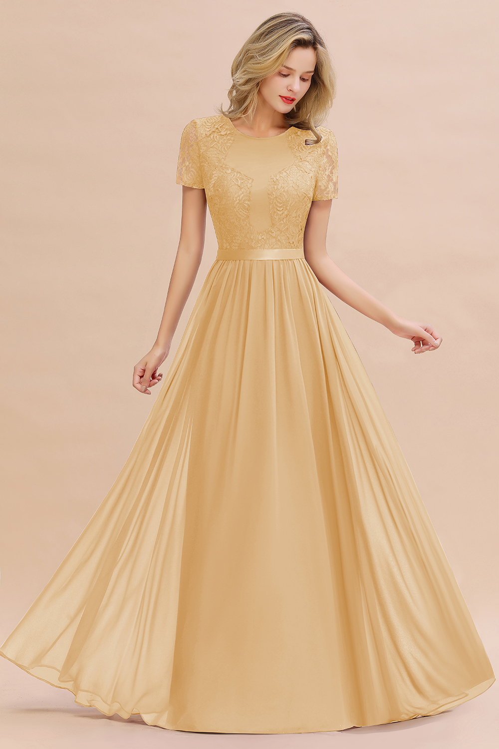 BMbridal Elegant Chiffon Lace Jewel Short-Sleeves Affordable Bridesmaid Dress-BMbridal