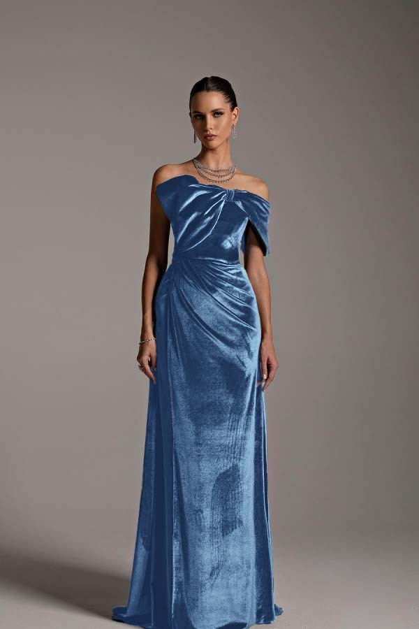 One Shoulder Strapless Sleeveless Long Mermaid Prom Dress With Pleated