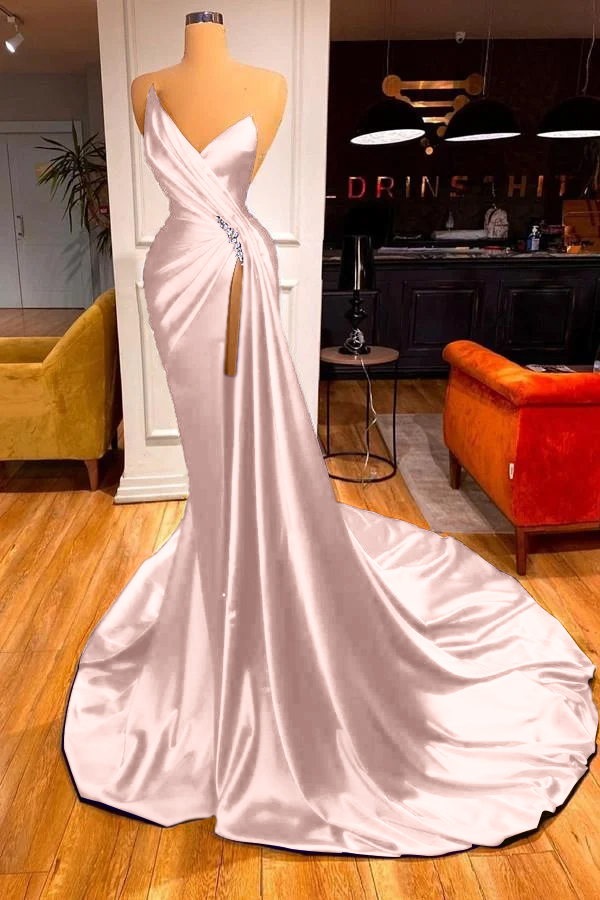 Strapless Sleeveless High Split Long Prom Dress With Beading